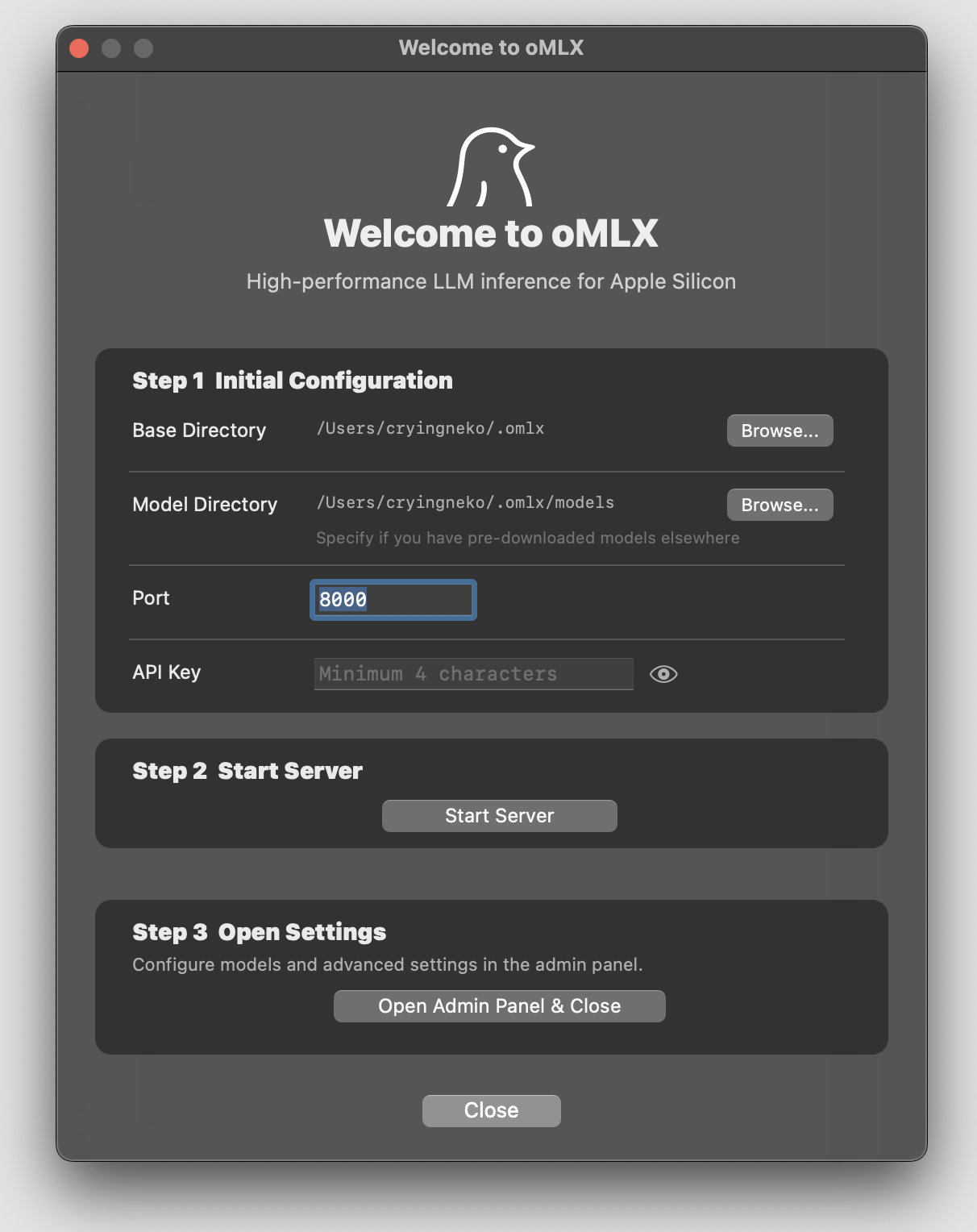 oMLX macOS 앱의 초기 설정 화면에서 모델 디렉터리, 서버 포트, API Key를 입력하고 서버를 시작하는 절차를 보여줍니다.